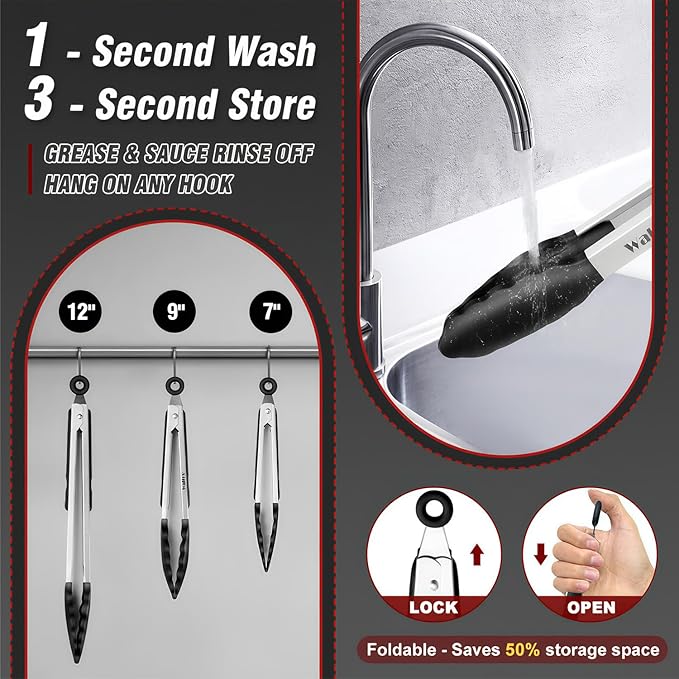 Tongs Set, 3-Piece Black Silicone Tip with 7, 9 and 12 Inch Lengths