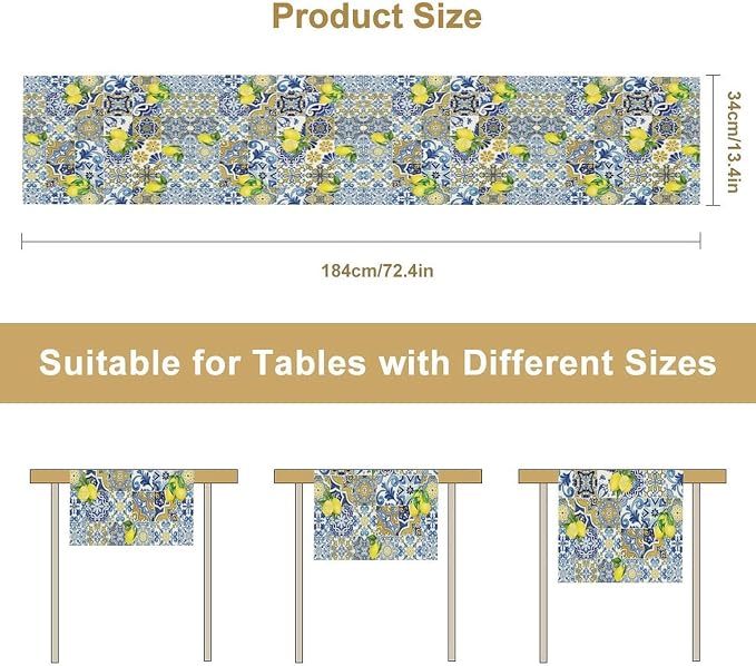 Farmhouse Rustic Lemon Table Runner, Vintage Morocco Blue Tiles Mediterranean - Image 8