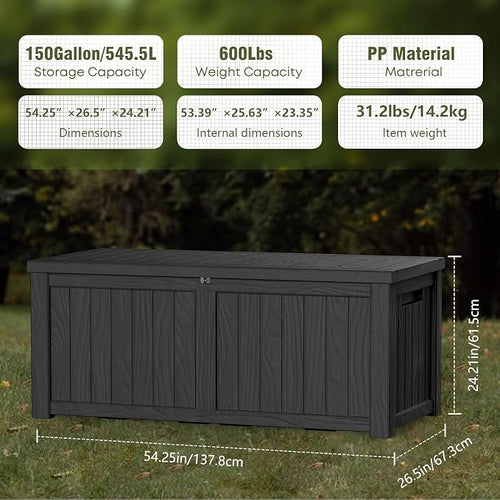 150 Gallon Outdoor Storage Box Waterproof Lockable Resin Deck Box Large - Image 2