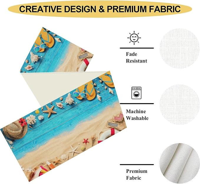Summer Coastal Table Runner, Nautical Starfish Beach Seashell Ocean Retro - Image 5