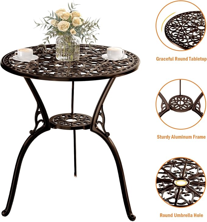 Patio Bistro Set of 2, Cast Aluminum, Outdoor Set w/Umbrella Hole, 3 Piece - Image 4