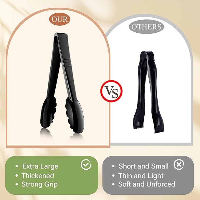 Serving Tongs, 12-Pack Black Plastic, 8.6-Inch Length