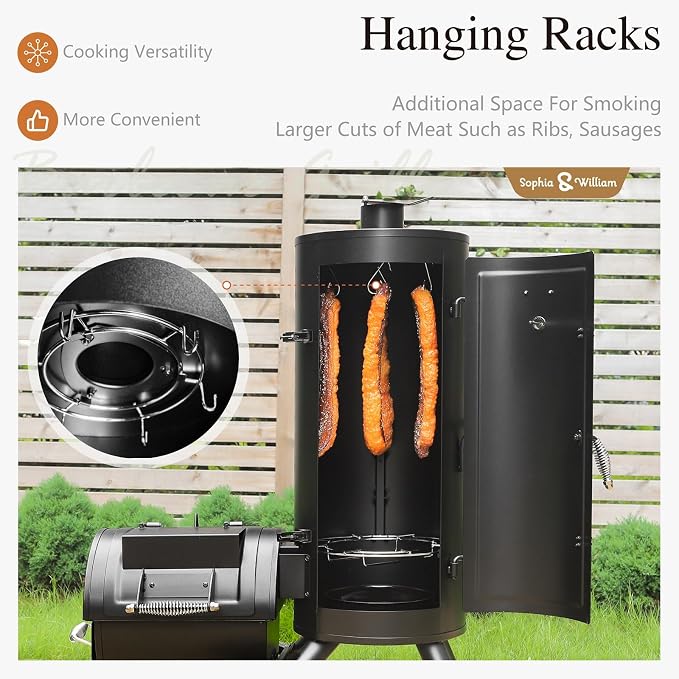 Sophia & William Heavy-Duty Vertical Offset Charcoal Smoker Extra Large Outdoor - Image 5