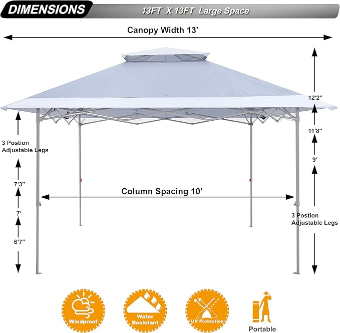 ABCCANOPY Easy Set-up 13x13 Canopy Tent 169 sq.ft Sun Shade Light Gray - Image 3