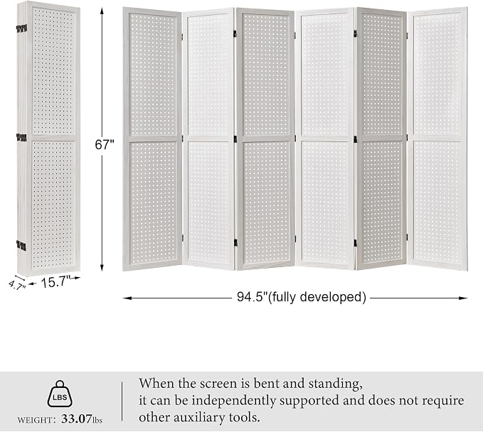 Pegboard Display, 5.6Ft Wooden Room Divider Folding Privacy Screens Portable - Image 7