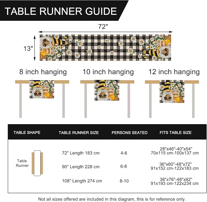 Seliem Spring Bee Gnome Table Runner, Honey Black White Buffalo Plaid Check - Image 7