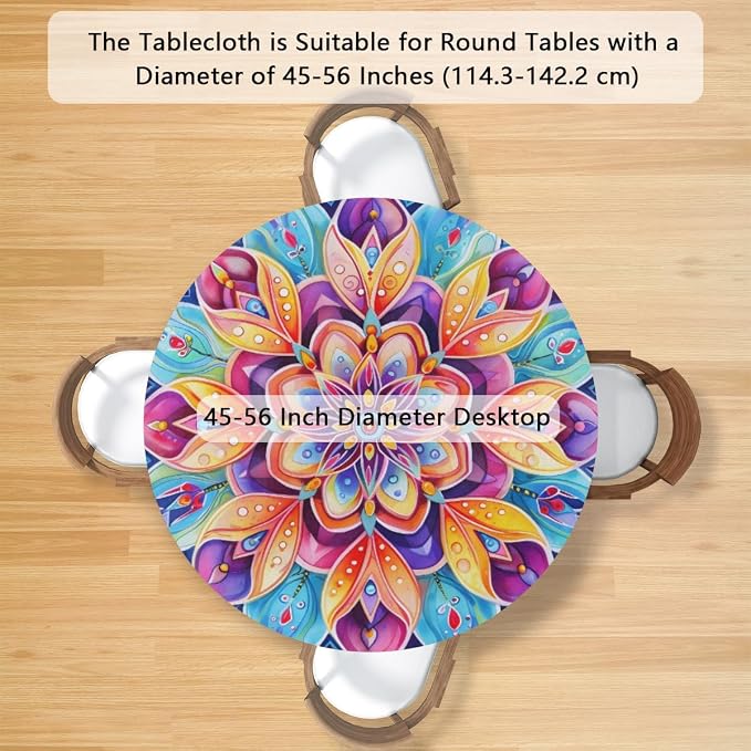 Floral Colorful Bright Vintage Round Table Cloth Cover, Elastic Edge Waterproof - Image 2