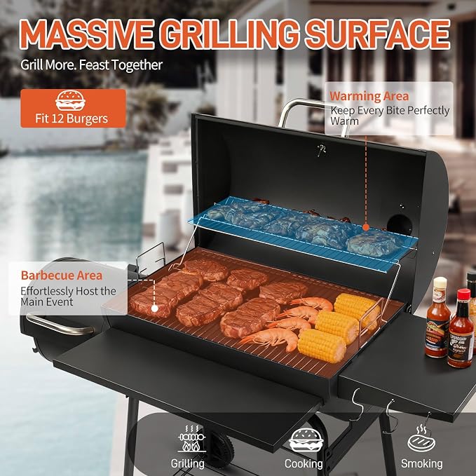 Outvita Charcoal Grill with Offset Smoker, Barrel Barbecue Smoker Grill with - Image 4