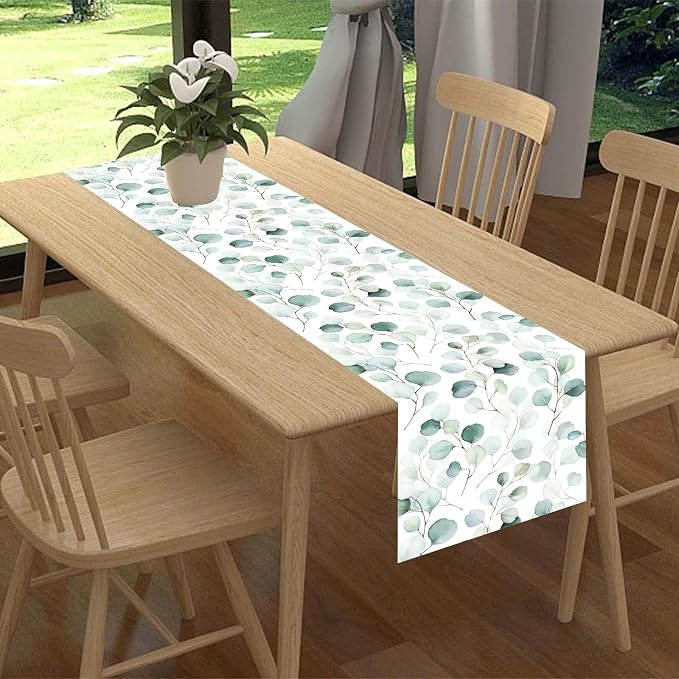Green Eucalyptus Table Runner, Farmhouse Spring Summer Seasonal Plants Leaves - Image 2