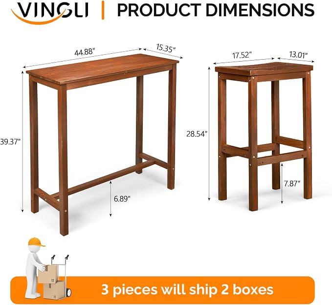 VINGLI 3-Piece Fir Wood Outdoor Bar Table and Chairs Set, Outdoor Bar Height - Image 7