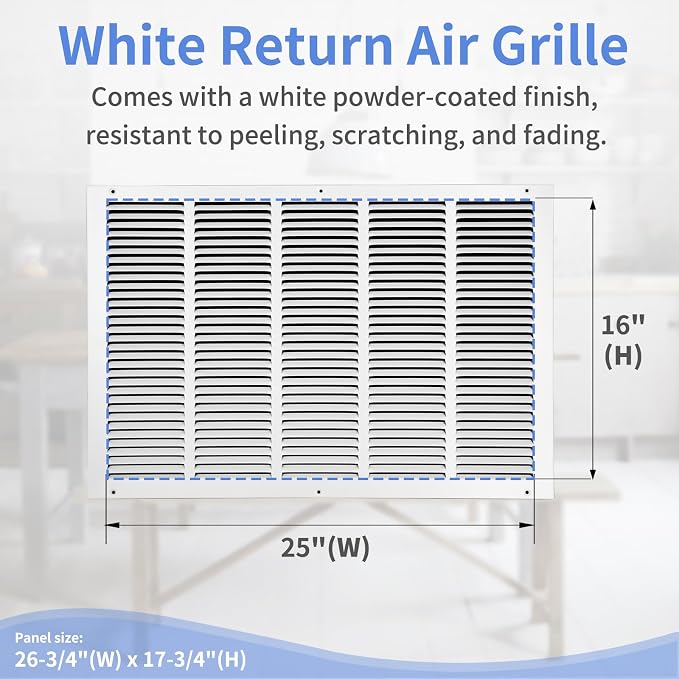 25"W x 16"H Steel Return Air Grille, Air Return Vent Cover - Image 3