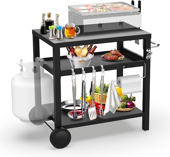 29.5''x19.6'' Outdoor Grill Cart, Pizza Oven Table Stand, 3-Shelves Food Prep by EnjoyBBQLifeMoments