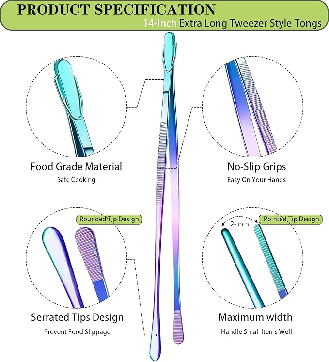 Tongs 14-Inch Stainless Steel Food Tweezers, 2-Pack, Rainbow Finish