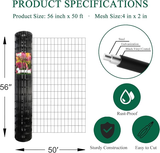 Black PVC Coated Welded Wire Fence 56 Inch x 50 Foot, 2 Inch x 4 Inch 14GA - Image 3