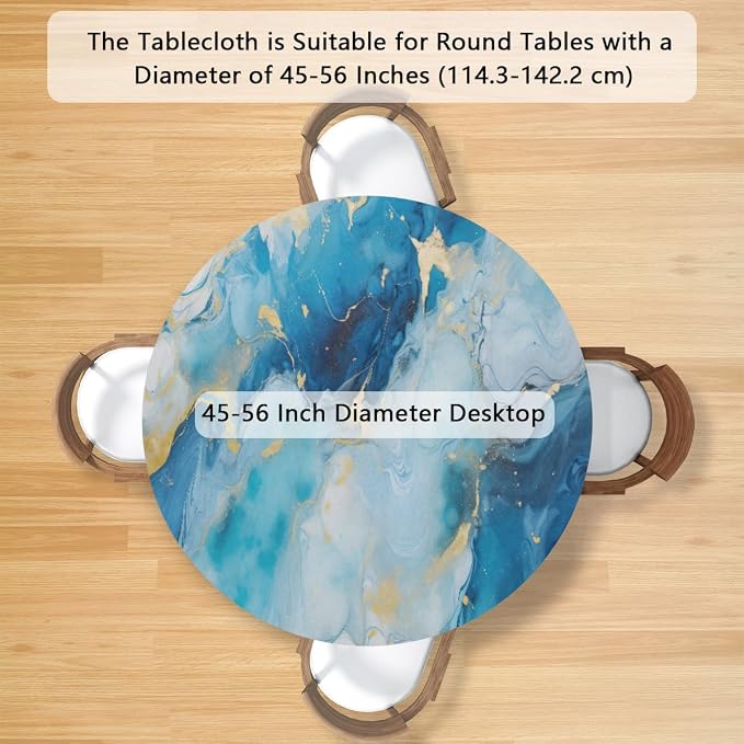 Marble Pattern Ink Blue Round Table Cloth Cover, Elastic Edge Waterproof - Image 2