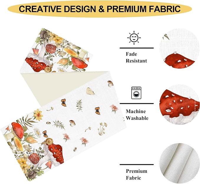 Mushroom Table Runner, Rustic Farmhouse Forest Plants Botanical Wildfloral - Image 5