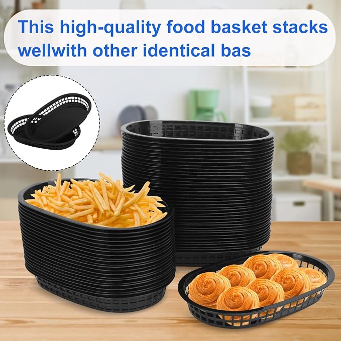 60 Pack Black Fast Food Baskets, 10.6 x 6.7 Inch Oval Black Plastic Food Baskets - Image 5