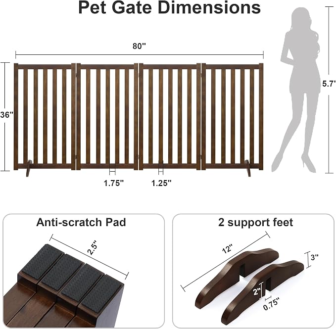 36" Height Extra Tall Freestanding Pet Gate, Solid Wood Folding Safety Fence - Image 2