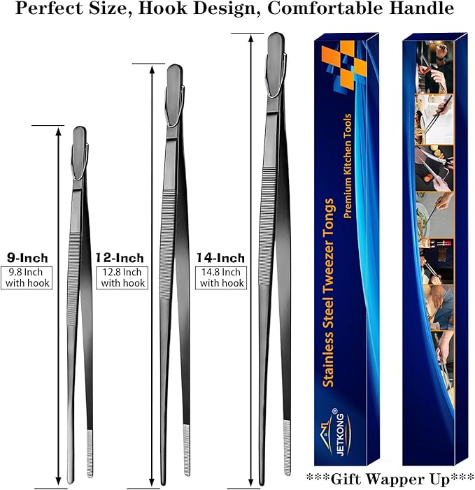 Tongs Set of 3 in 9, 12 and 14 Inch Stainless Steel Black