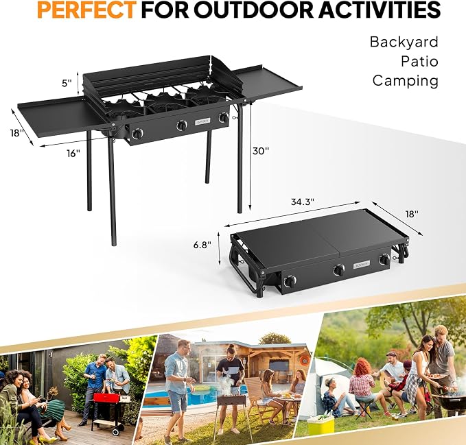 ROVSUN 3 Burner Gas Stove with 2 Side Shelves, 000BTU Portable Propane Stove - Image 6