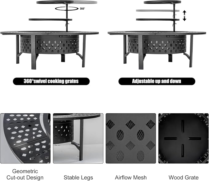 47 Inch Fire Pit with 2 Grills, Wood Burning Fire Pits - Image 6