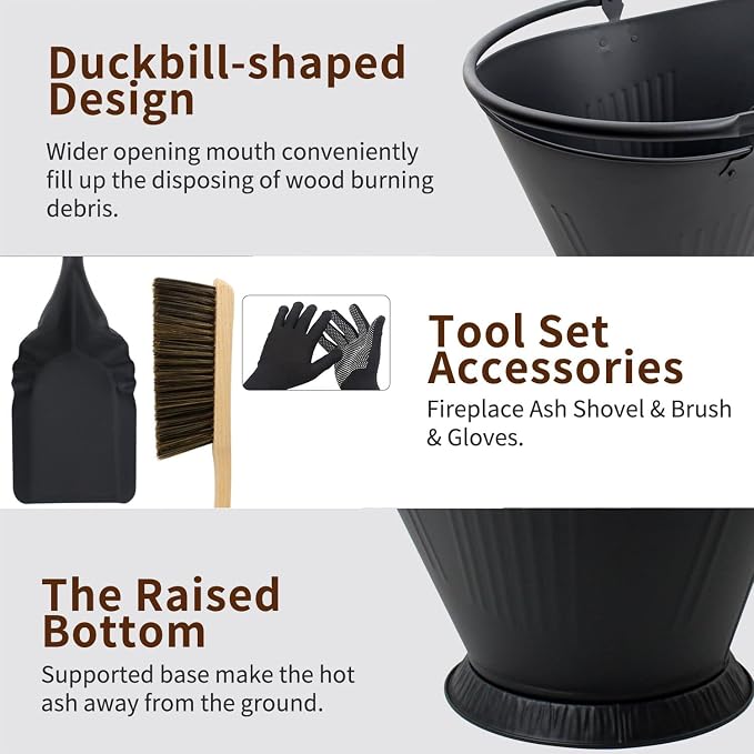 Poofzy Ash Bucket for Fireplace, 3.2 Gallon Metal Fireplace Ash Bucket for Wood - Image 4