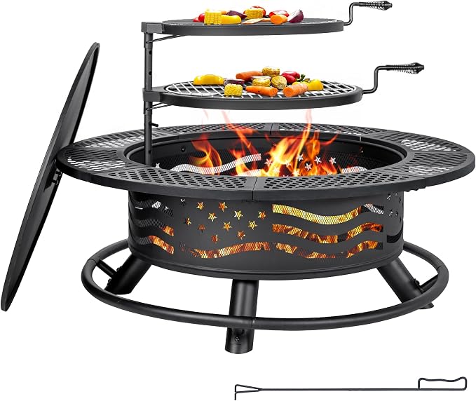 42 Inch Fire Pit with 2 Cooking Grates, Outdoor Wood Burning BBQ Grill Firepit by Panovue