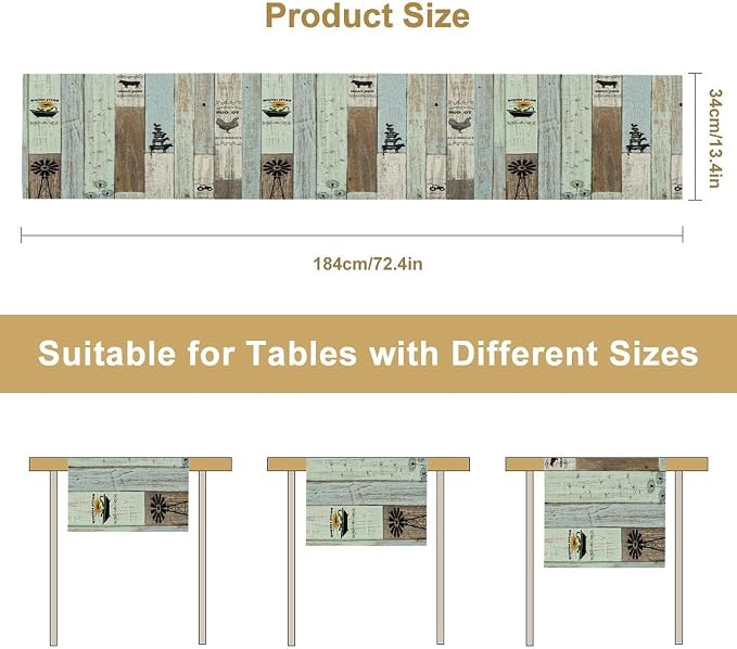 Rustic Farmhouse Table Runner, Vintage Country Blue Green Wooden Board Cow - Image 8