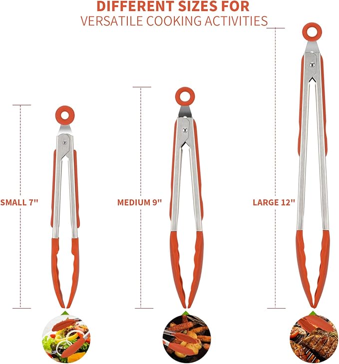 Tongs in Orange with Silicone Tips, 7, 9 and 12 Inch Sizes