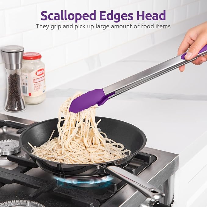 Kitchen Tongs 16-Inch with Silicone Tips, 600°F Heat Resistant, Purple