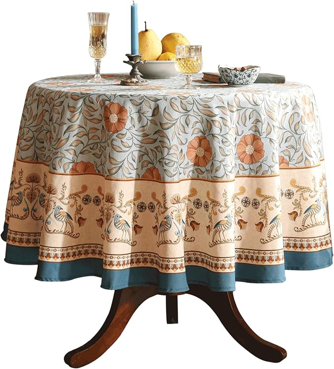 patdrea Designer French Linen Blue Round Table Cloth, Vintage Floral Tablecloth by Welcometopatdrea