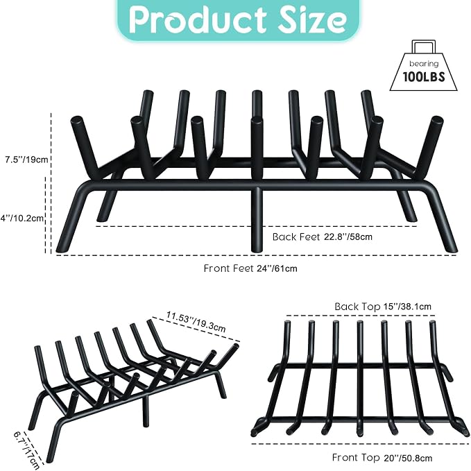 24-Inch Fireplace Grate, Heavy Duty 7-Bar Log Rack Holder Made of Solid Round - Image 2