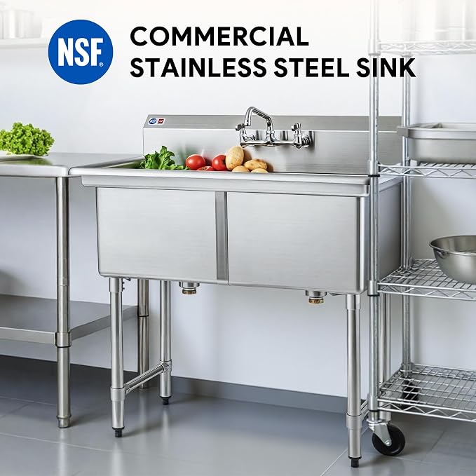 WILPREP 2-Compartment Sink, Freestanding Double Bowl Utility Sink, Work Station - Image 2