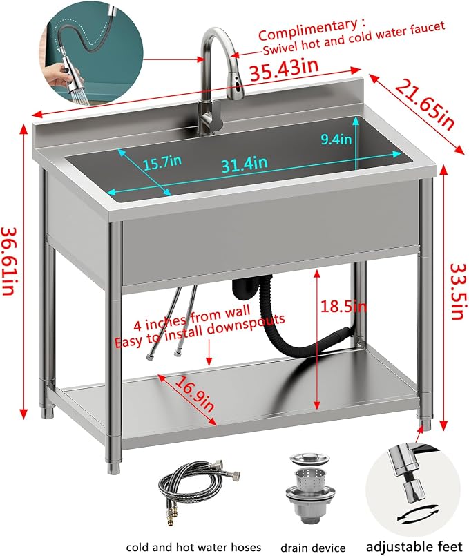 Stainless Steel Utility Sink, Large Freestanding Laundry Sink - Image 4