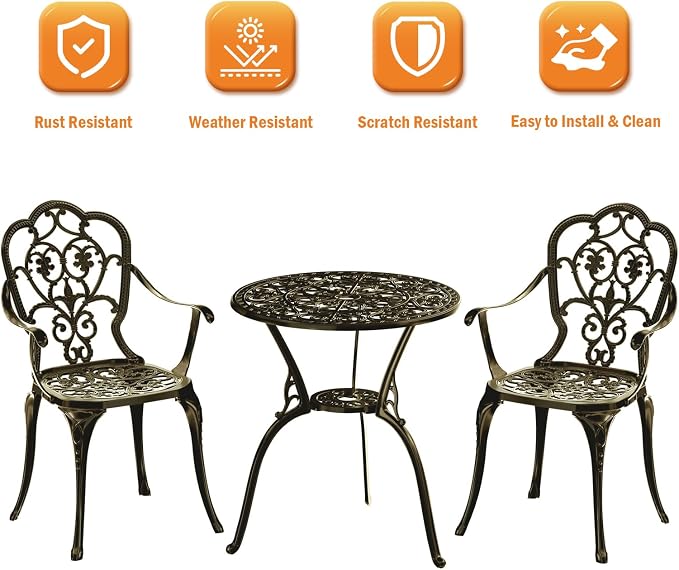 Patio Bistro Set of 2, Cast Aluminum, Outdoor Set w/Umbrella Hole, 3 Piece - Image 4