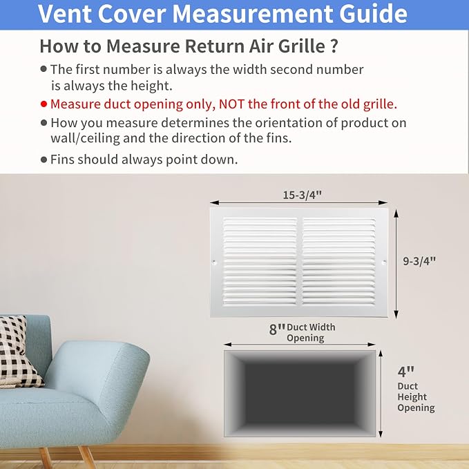 14"W x 8"H Steel Return Air Grille, Air Return Vent Cover - Image 5