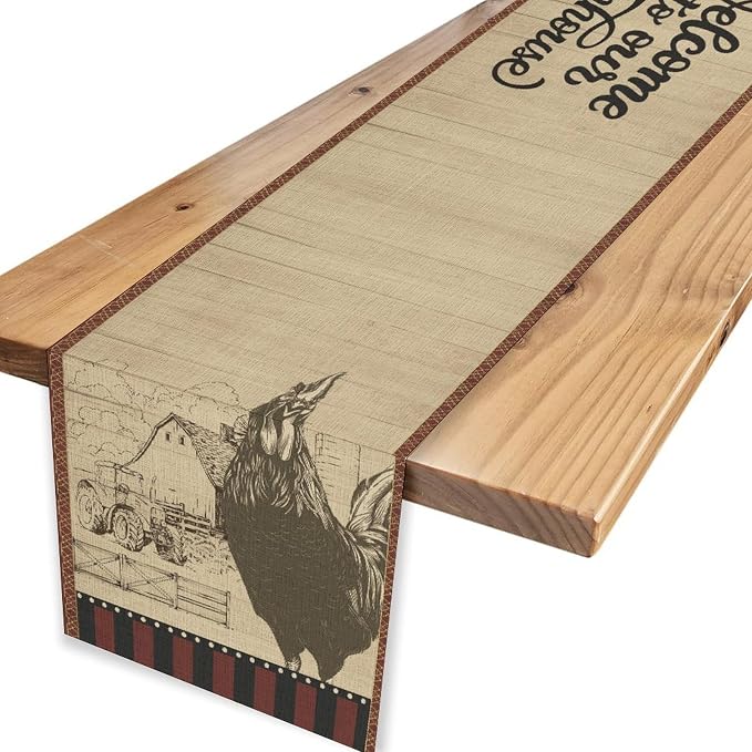 Rustic Farmhouse Table Runner, Vintage Barn Cottage Rooster Retro Farm Country - Image 4