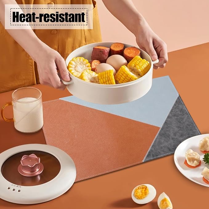 Faux Leather Placemats Set of 6 Waterproof, Reversible Geometric Pattern PU - Image 2