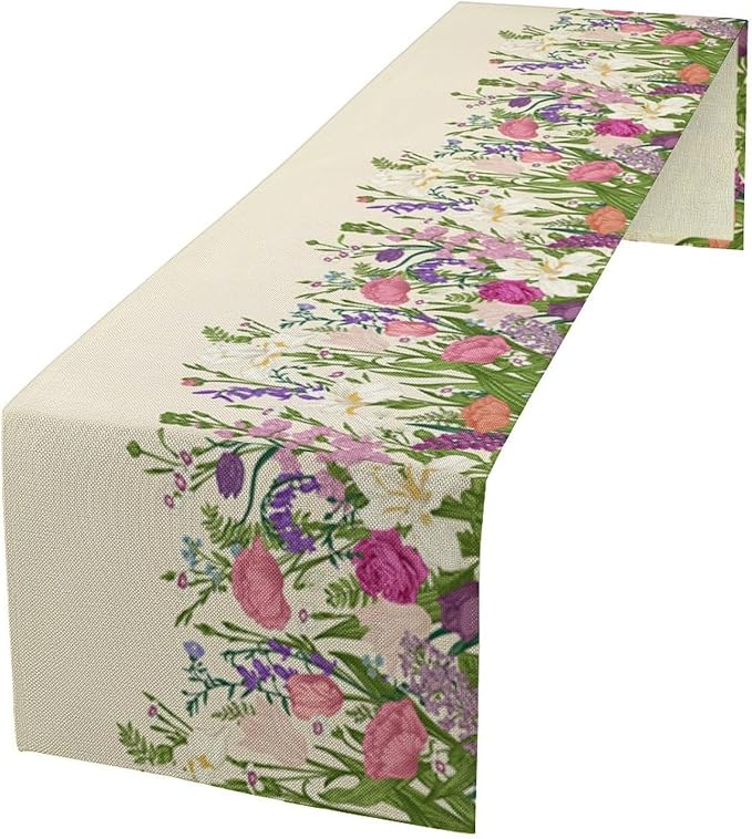 Floral Table Runner, Watercolor Spring Summer Seasons Pink Purple Flowers Table by Unknown