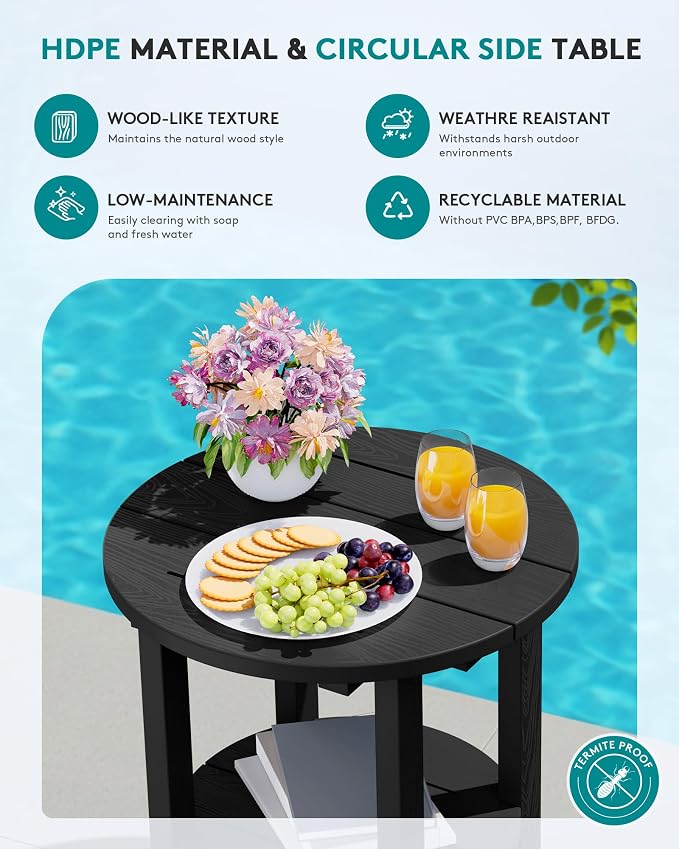 SERWALL Round Outdoor Side Table Set of 2, HDPE Small Adirondack Double End - Image 4