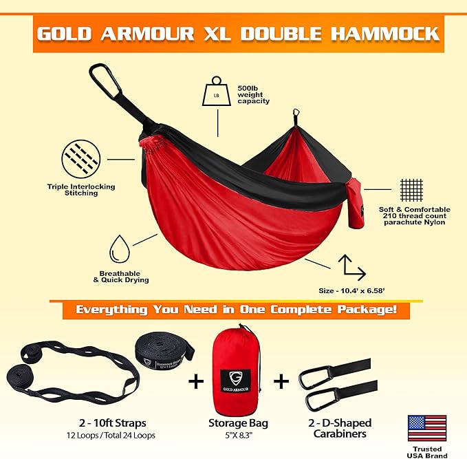 Double Camping Hammock, Extra Large Parachute Nylon in Red and Black