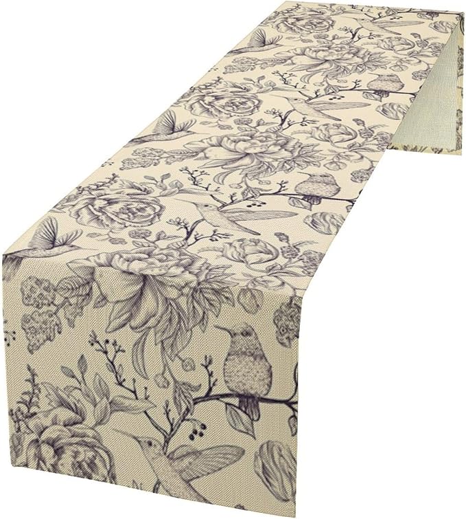 Retro Floral Bird Table Runner, Vintage Boho Rose Flower Birds Table Runner by Unknown