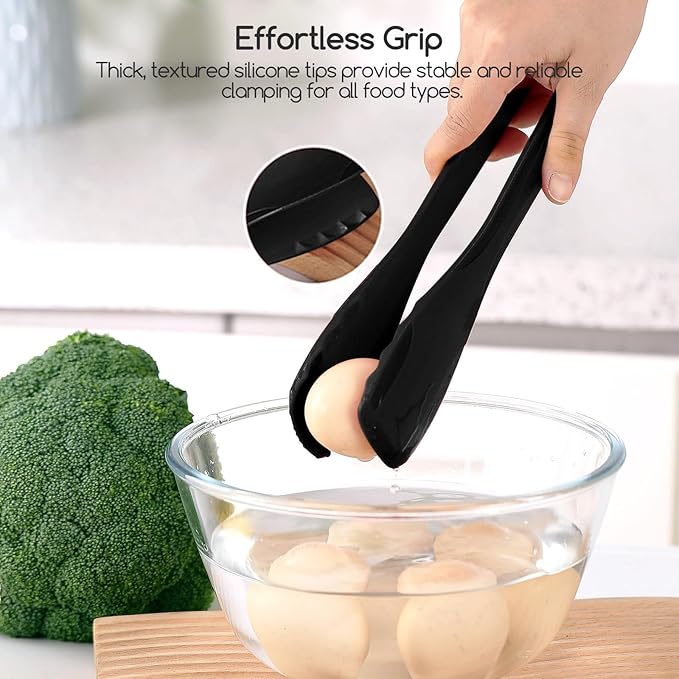 Tongs, 11 Inch Black Silicone Tip Stainless Steel Kitchen Tongs, 2-Pack