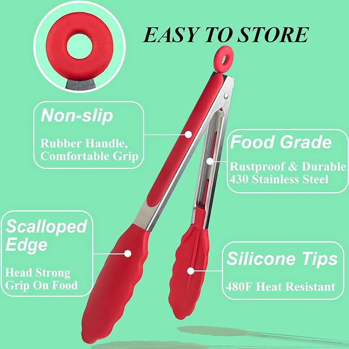 Tongs 3-Piece Set, 9-Inch Locking Stainless Steel Kitchen Tongs in Red