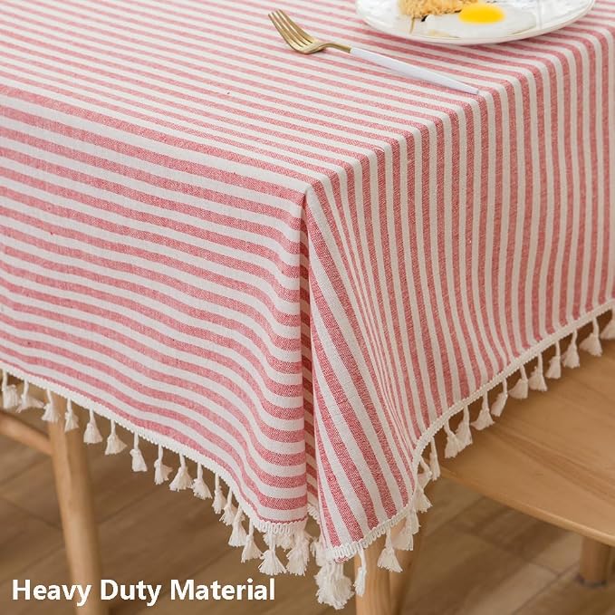 TruDelve Cotton Square Tablecloth Red and White Striped Boho Cloth Tablecloths - Image 2