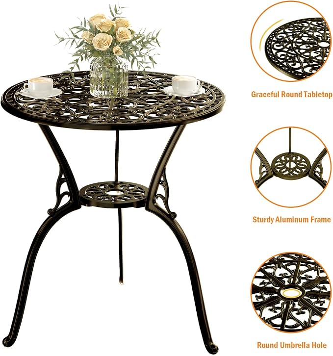 Patio Bistro Set of 2, Cast Aluminum, Outdoor Set w/Umbrella Hole, 3 Piece - Image 2
