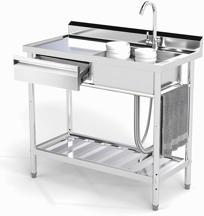 Stainless Steel Utility Sink, Cold and Hot Water Pipe, Indoor and Outdoor by Toemics