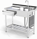 Stainless Steel Utility Sink, Cold and Hot Water Pipe, Indoor and Outdoor by Toemics