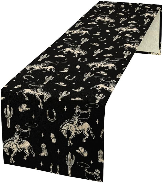 Vintage Western Cowboy Table Runner, Wild West Cowboy Riding Horse Desert by Unknown