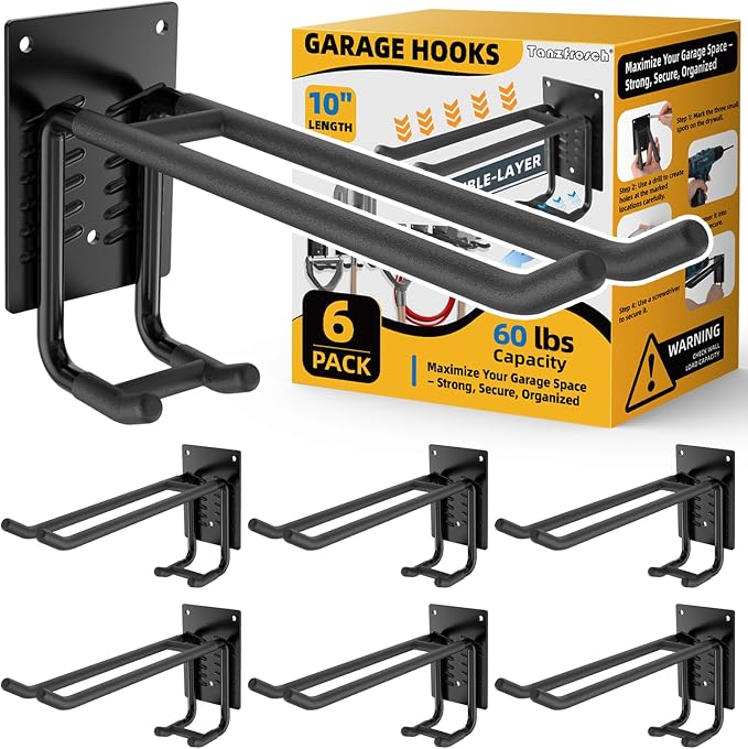 6 Pack Garage Hooks 10 INCH Heavy Duty Double-Layer Steel Shed Wall Mount by Tanzfrosch